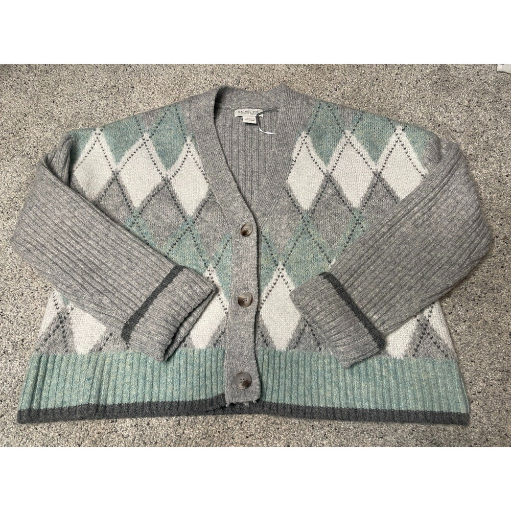 RACHEL ZOE Women's Argyle Oversized Cropped Sweater Sz L Preppy Cozy Menswear